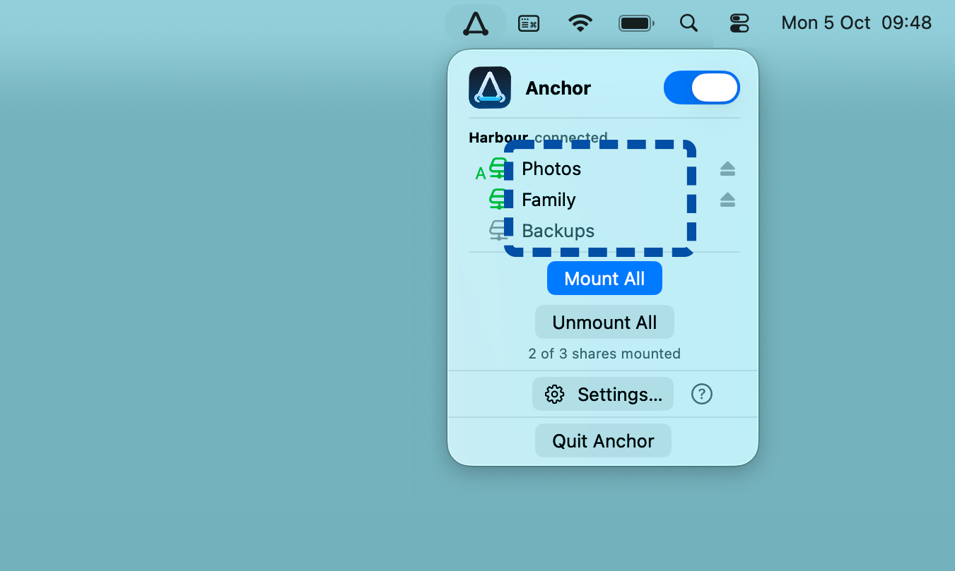 Anchor menu with the network shares highlighted for opening in Finder