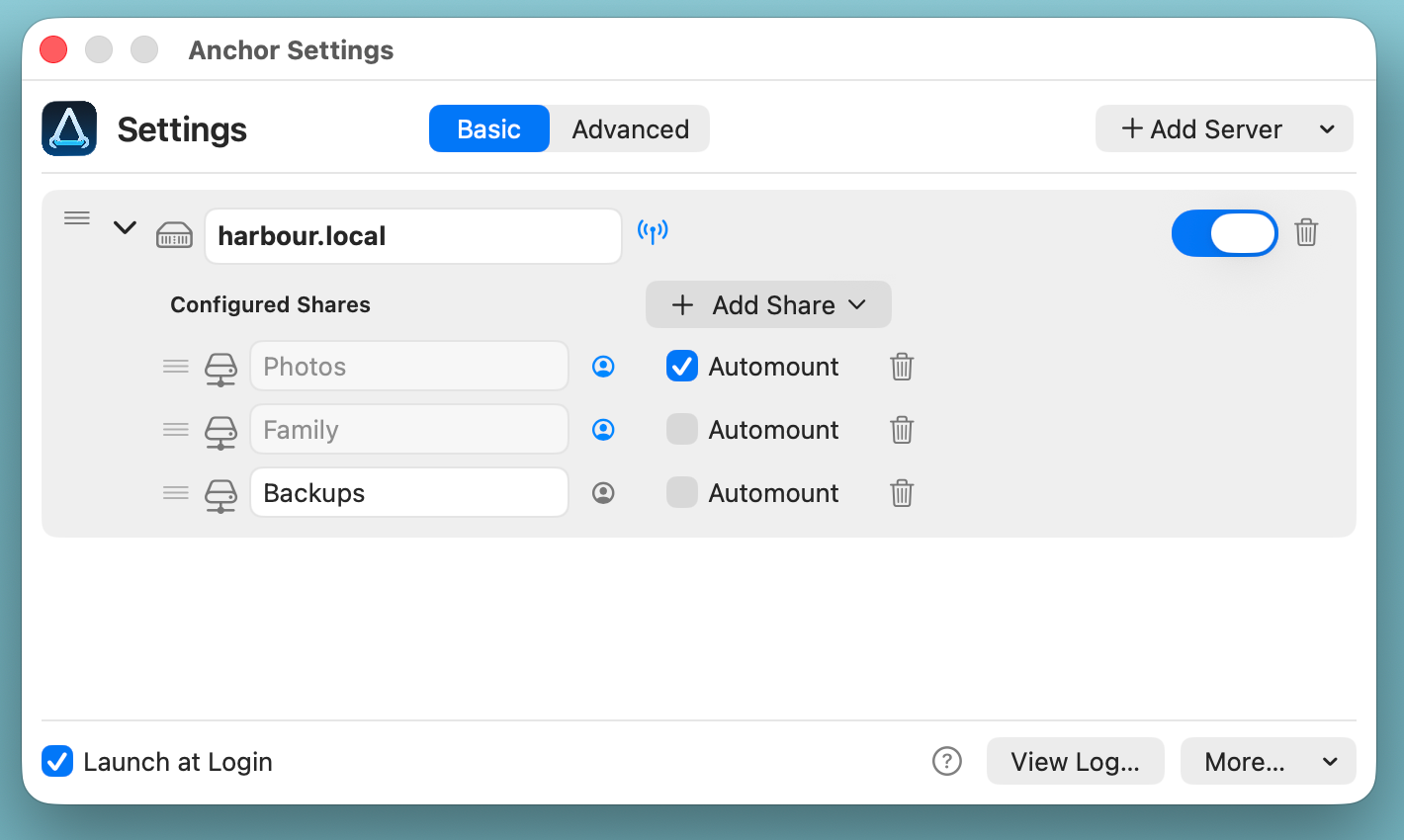 Anchor Basic Settings with server, shares and Automount controls